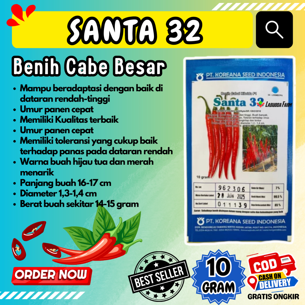 Benih Cabai Merah Besar F1 SANTA 32 Isi 10gr Original Pabrik PT.Koreana Seed / Benih Lombok Bibit Ca
