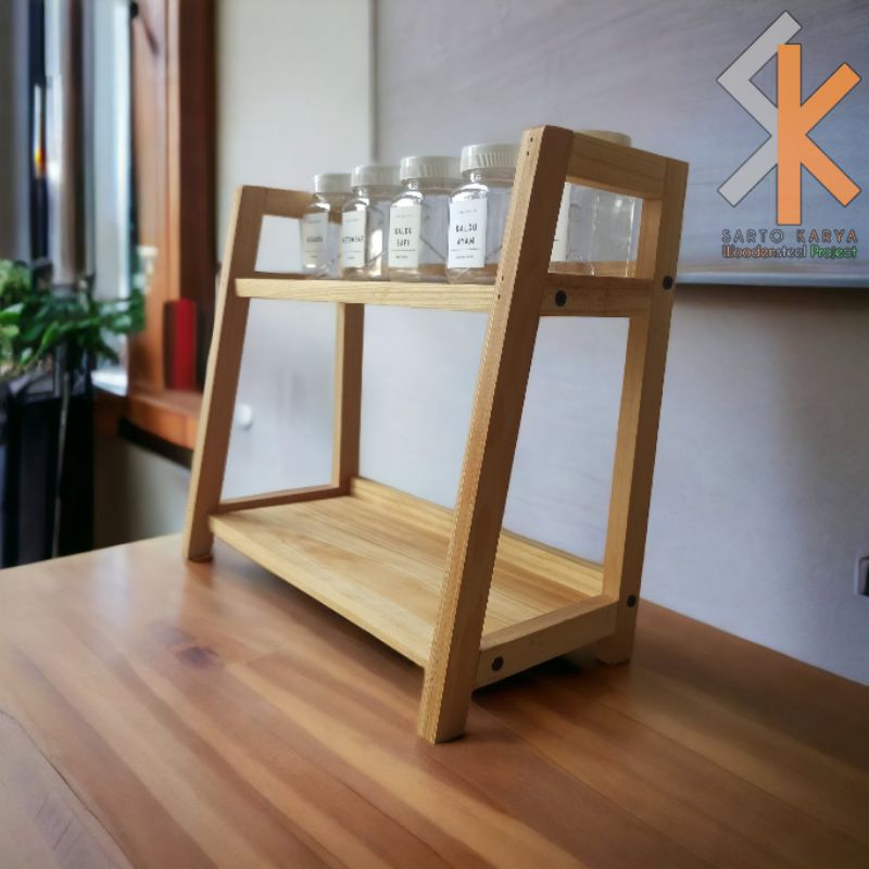 Rak Bumbu Dapur Aesthetic 2 Tingkat Full Kayu Pinus Oven, Rak Kayu Pinus 2 Susun Serbaguna