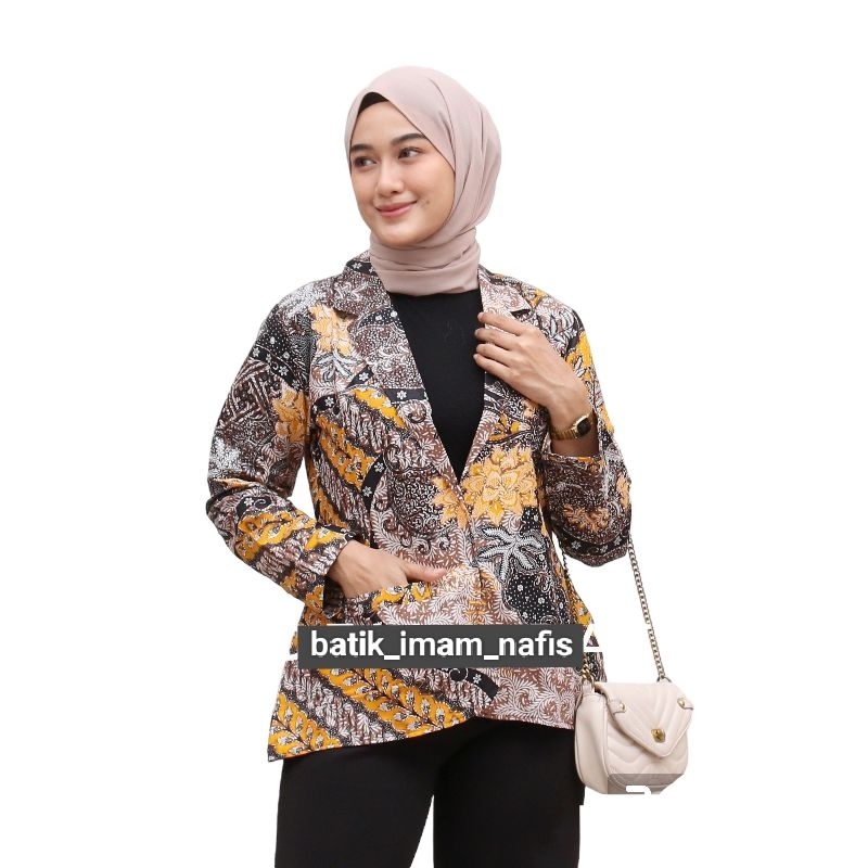 Blazer Batik Seragam Kuning Baju Kerja Kondangan Guru Outer Formal Resmi Jumbo Wanita Bahan Katun Ukuran XS S M L XL XXL XXL 3XL