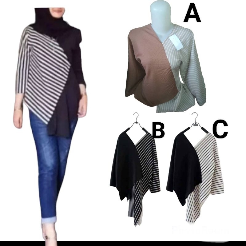 AZ BISA COD Atasan Blus Nagita Salur Garis Mix Dua Warna Two Tone Asimetris