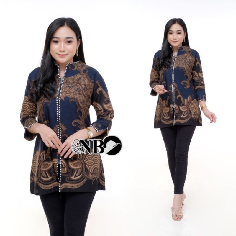 BAJU BATIK WANITA ATASAN BLOUSE CANTIK MODEL ZIPPER MOTIF TERBARU VARIASI GARIS ZEBRA REGULAR FIT / 