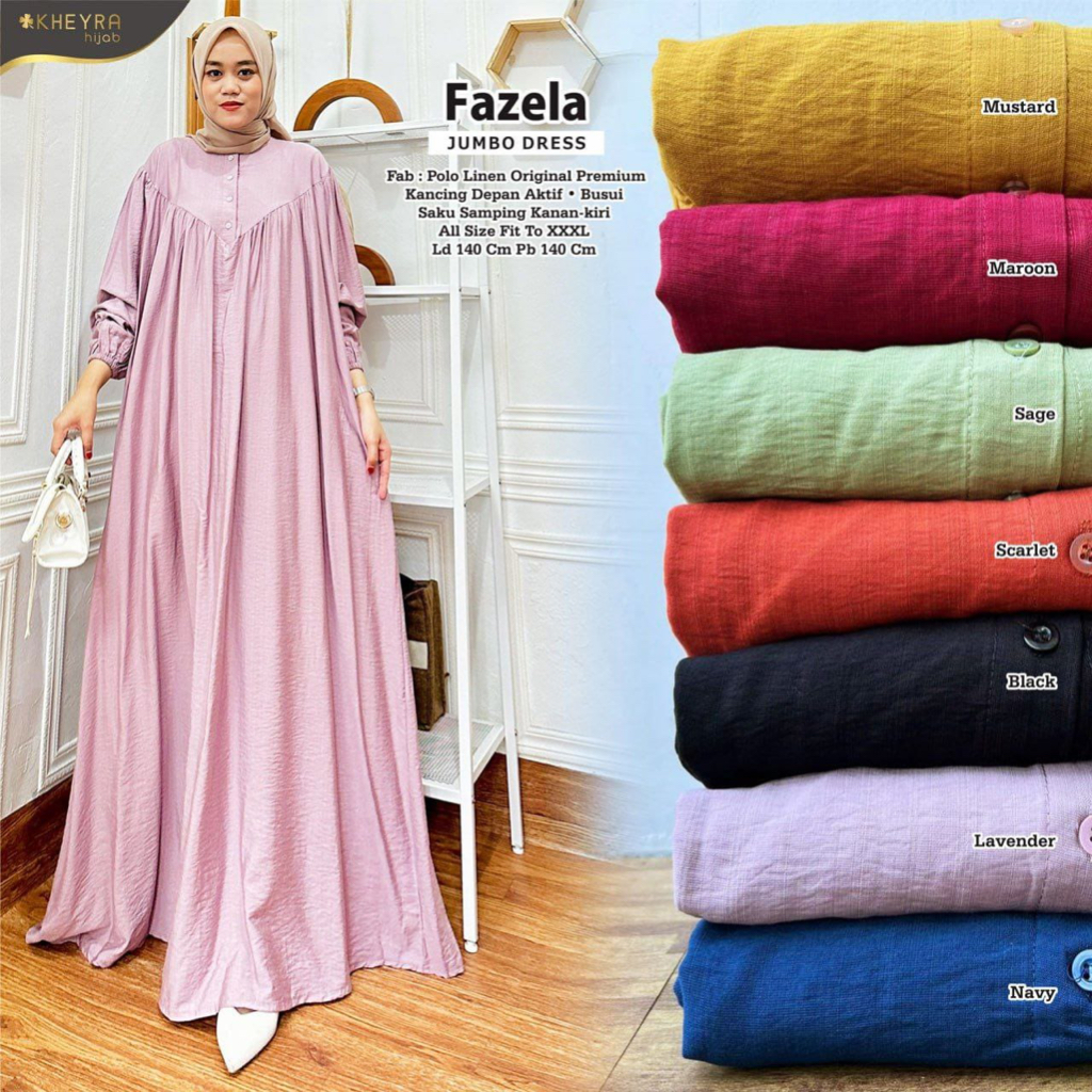 FAZELA JUMBO DRESS POLOS BAHAN LINEN ORIGINAL KHEYRA