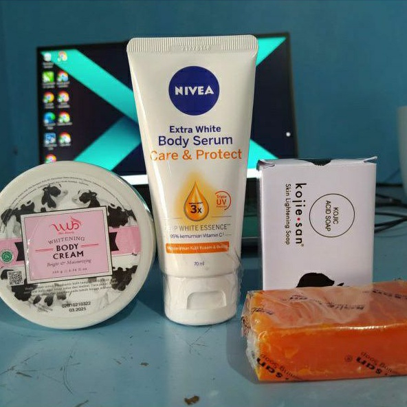 (paket viral) bodycare BPOM pencerah badan original WUB body scrub || nivea 70ml || kojie san soap