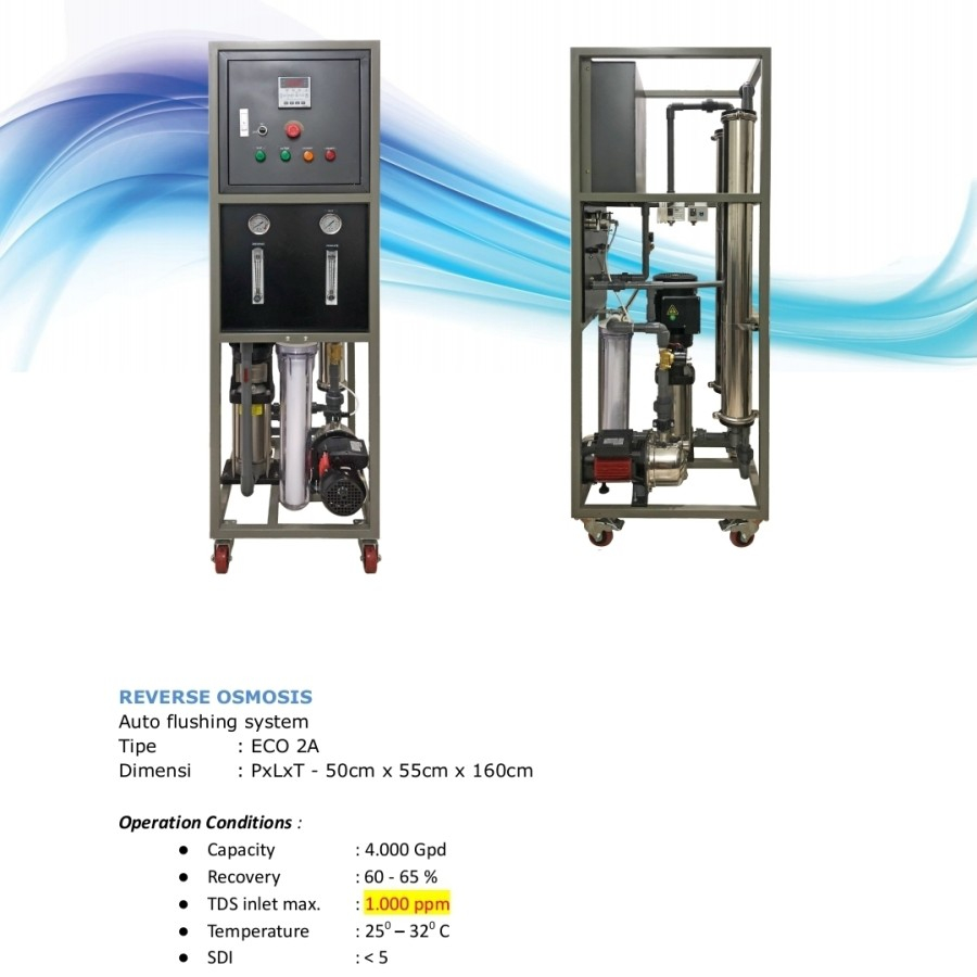 MESIN RO 4000 GPD PURELINE REVERSE OSMOSIS 500LITER /JAM AUTOMATIC