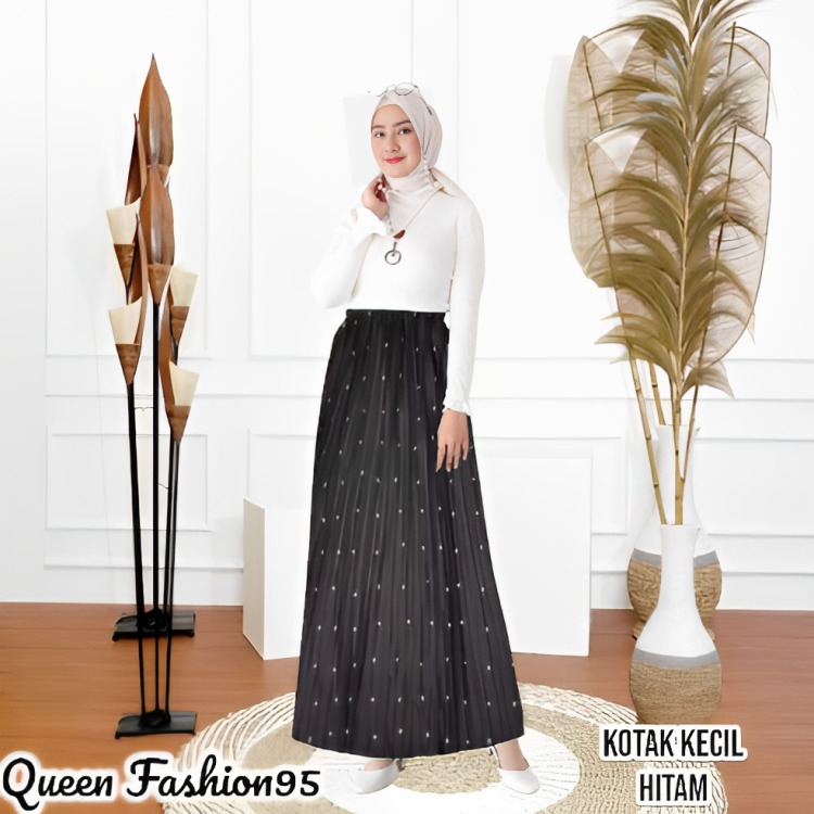 Rok Plisket Muslim Motif Kotak Kecil Hitam Bahan Hyget Premium, Panjang 90cm Fit All Size, Adem dan 