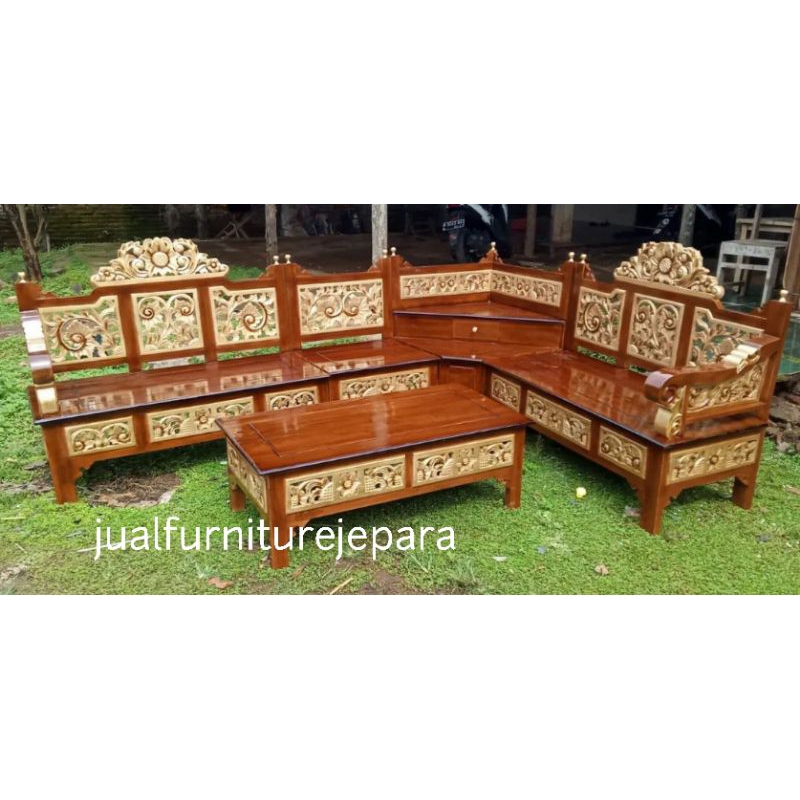 kursi tamu Rahwana ukir kayu jati Jepara, kursi tamu sudut kayu jati Jepara, kursi tamu jati jepara