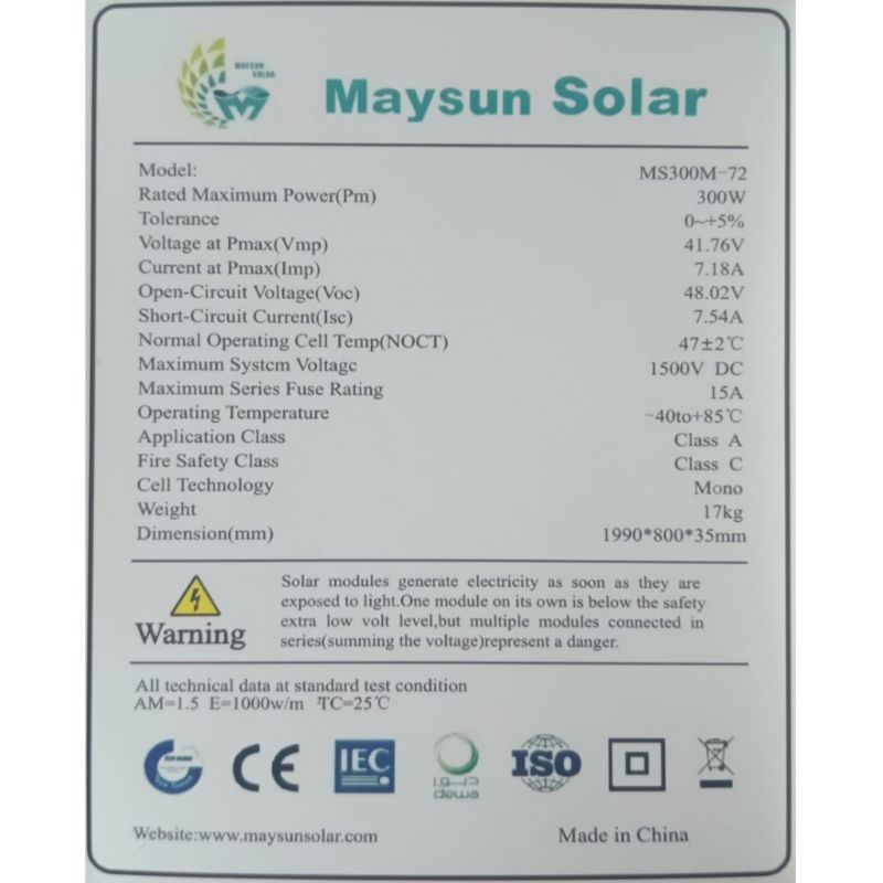 Solar Panel Maysun 300Wp Mono Solar Cell Panel Surya