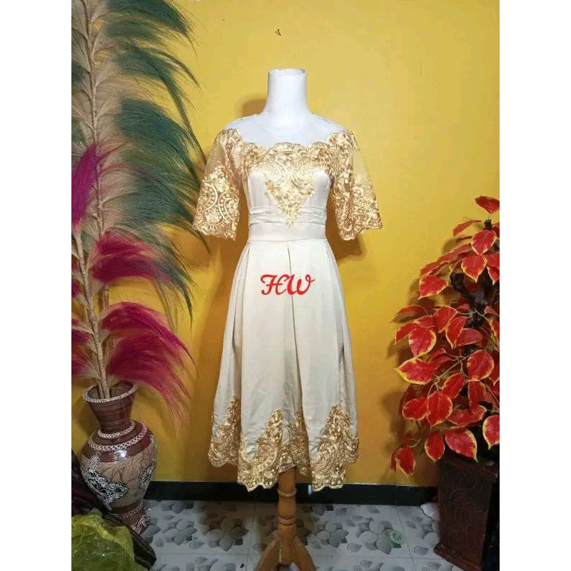 DRESS SATIN MIK BROKAT KUNING