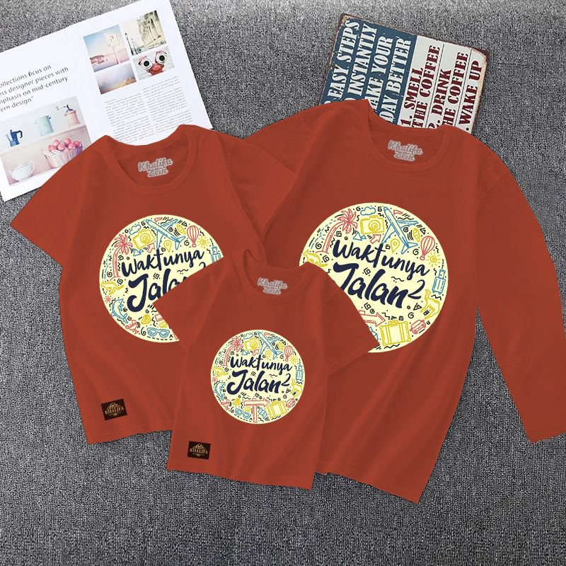 kaos keluarga Tema Jalan jalan baju couple anak dewasa pria wanita Premium asli katun Warna Bata
