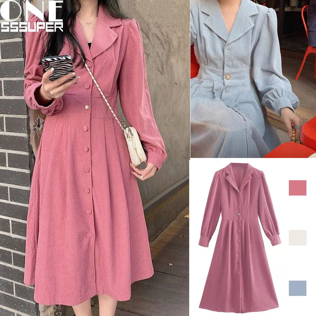 Gaun korduroi Prancis lengan panjang setelan retro kerah pinggang rok panjang sedang