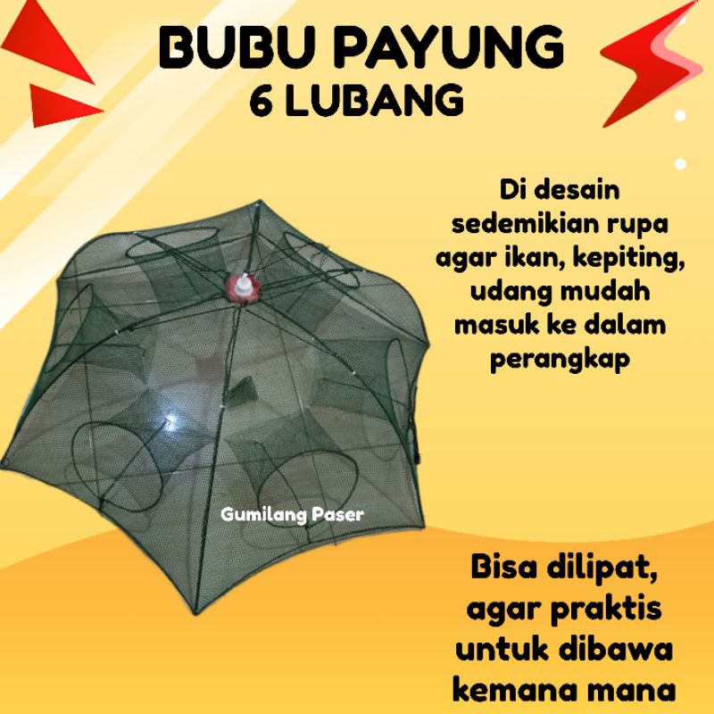 BUBU PAYUNG 6 LUBANG PERANGKAP JARING ALAT TANGKAP UDANG KEPITING IKAN 6 LUBANG