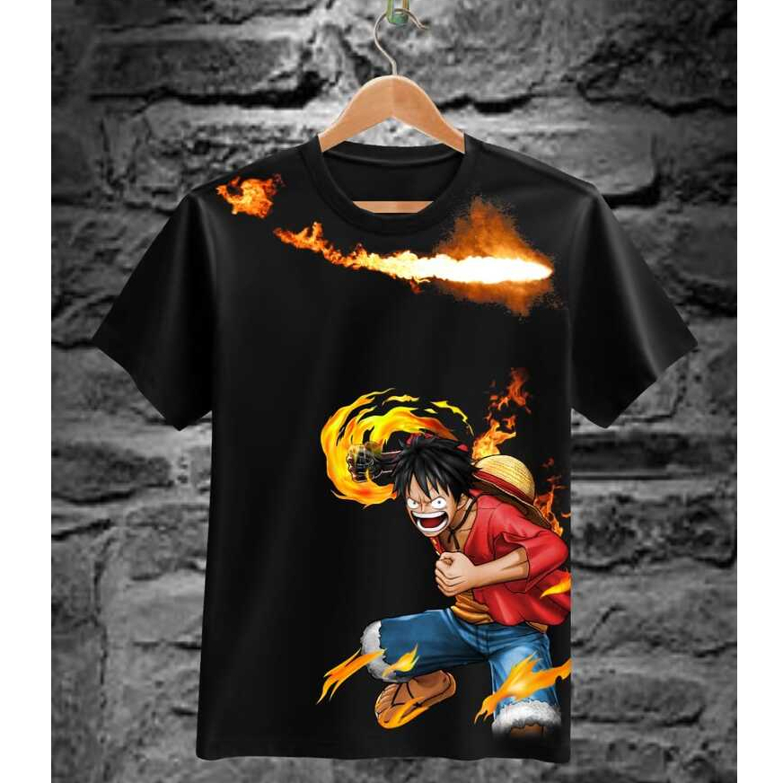 Kaos Tshirt Pria Terbaru One Piece Luffy Tinju Api Warna Putih Distro Lengan Pendek Motif Sablon Ber