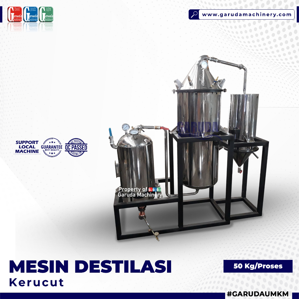 MESIN DESTILASI / PENYULINGAN MINYAK ZAITUN, ASTIRI, AROMATERAPI, KAYU PUTIH KAPASITAS 50 KG/PROSES