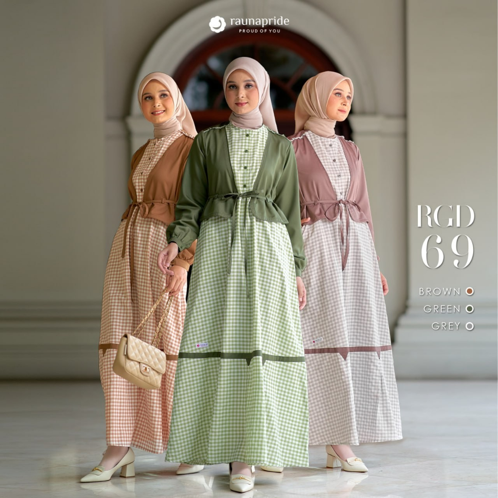 Rauna-RGD 69 Brown-Green-Grey Cotton Yarn Dyed Gamis Wanita Dewasa Motif Kotak Kombinasi Polos Cute Trendy Casual Kekinian Busui Casual Dress Muslimah Remaja