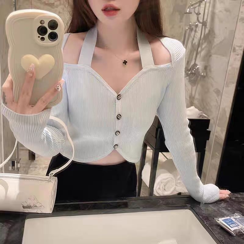[✅Bayar Ditempat] Cut Out Knit Crop Top Long Sleeve (1712) // Atasan Rajut Import Wanita Lengan Panj