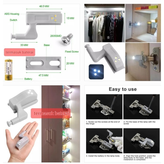 Lampu engsel led + baterai lampu kitchen set led lampu lemari otomatis - Lampu + baterai