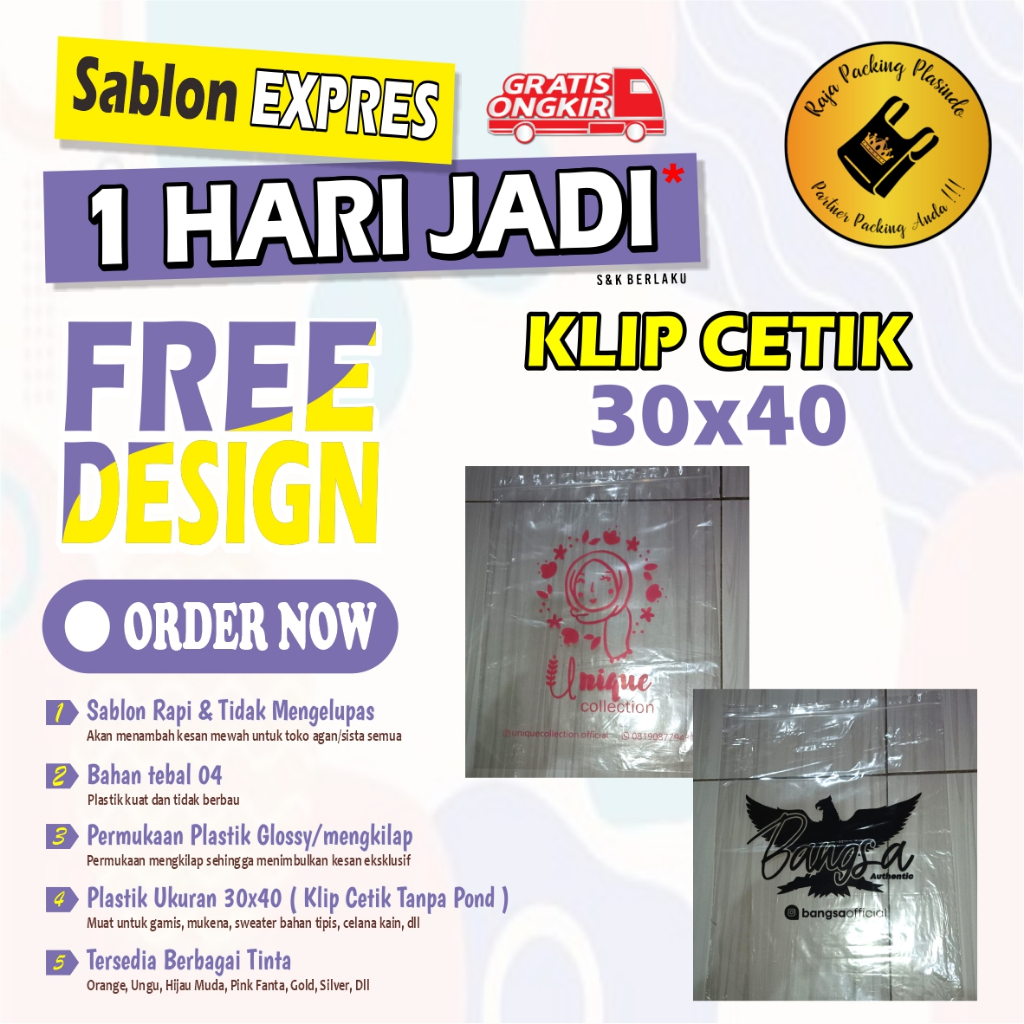 Sablon plastik Klip 30x40 free desain / plastik cetik / Plastik Packing kaos / Plastik sablon