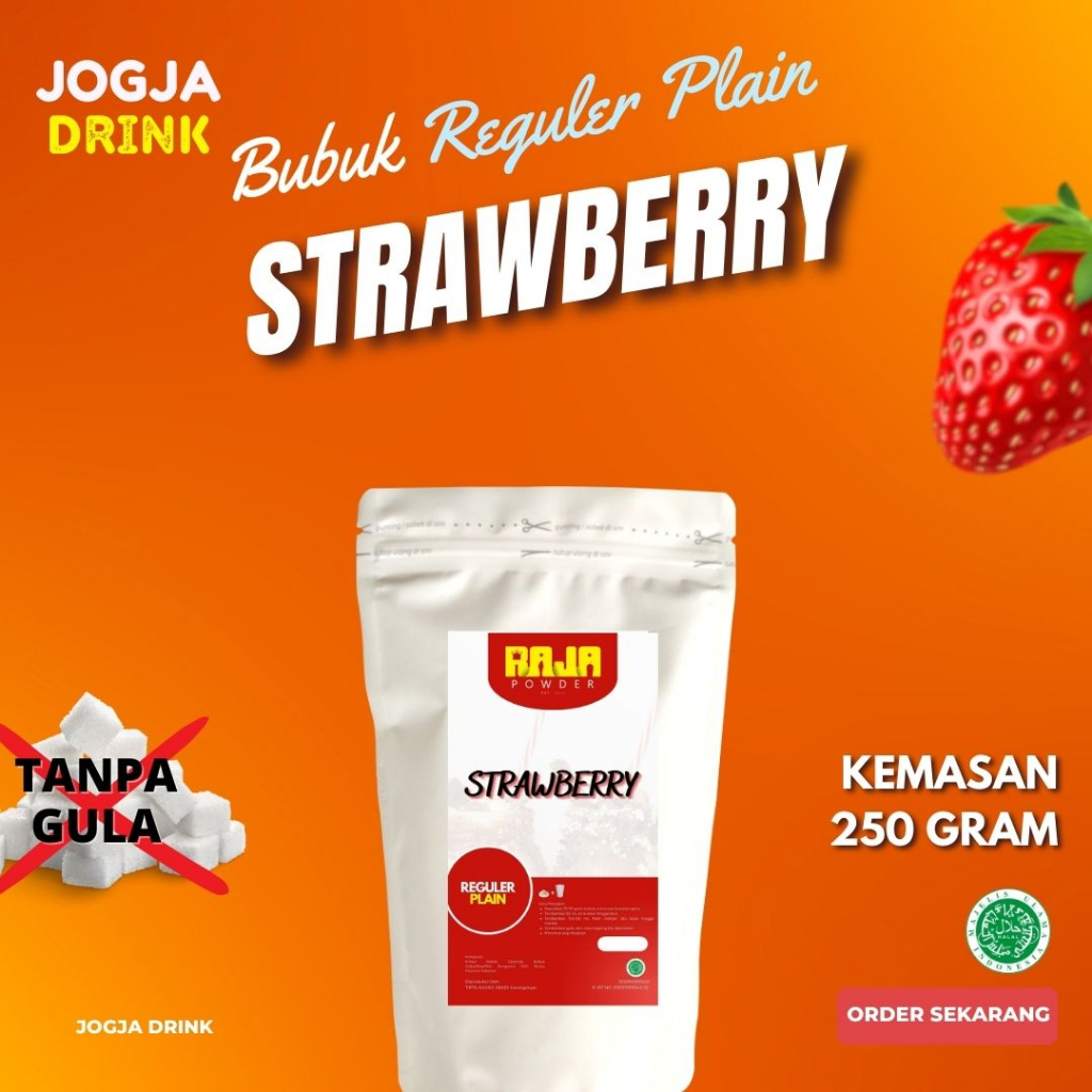 

Bubuk Minuman Buah Segar Kekinian Strawberry Powder 250 gram Reguler Premix Campuran Gula / Plain Original