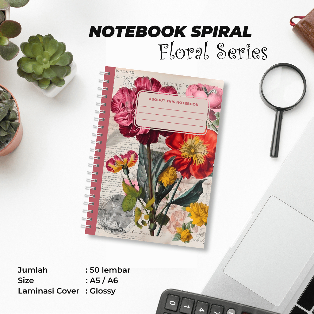 

FLORAL VINTAGE - NOTEBOOK SPIRAL A5 ISI 50 LEMBAR COVER GLOSSY PUTIH POLOS HVS 70 GSM BUKU HARIAN JOURNAL