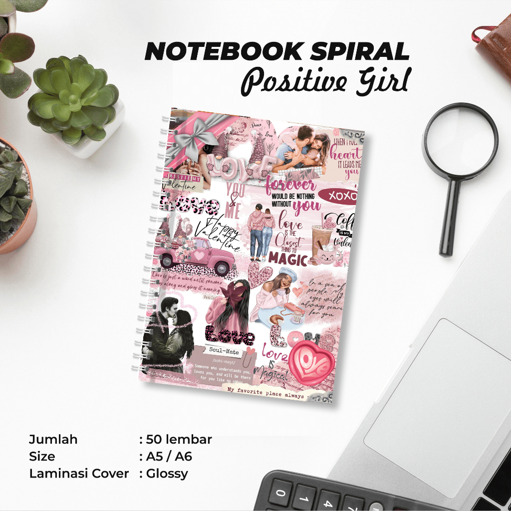 

POSITIVE GIRL THEME - NOTEBOOK SPIRAL A5 ISI 50 LEMBAR COVER GLOSSY PUTIH POLOS HVS 70 GSM BUKU HARIAN JOURNAL