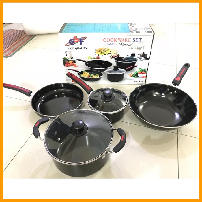 Panci Set Enamel GSF 1831 Cookware Set Enamel GSF 1831 Panci Wajan Penggorengan Tutup Kaca