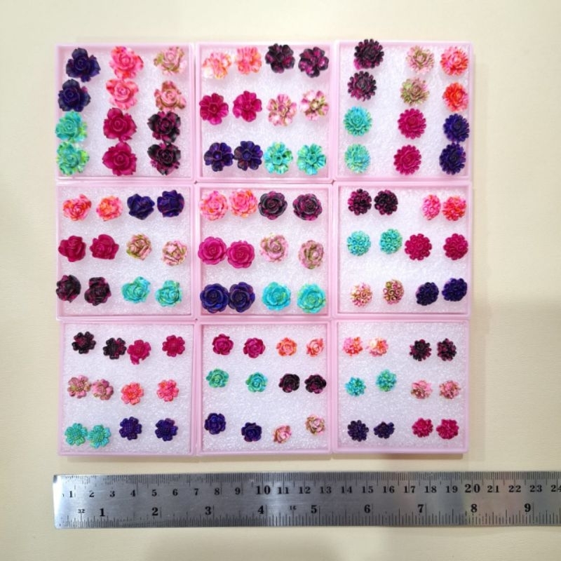 Anting Mawar / Bunga Tusuk Plastik Box Isi 6pasang Kulakan Grosir