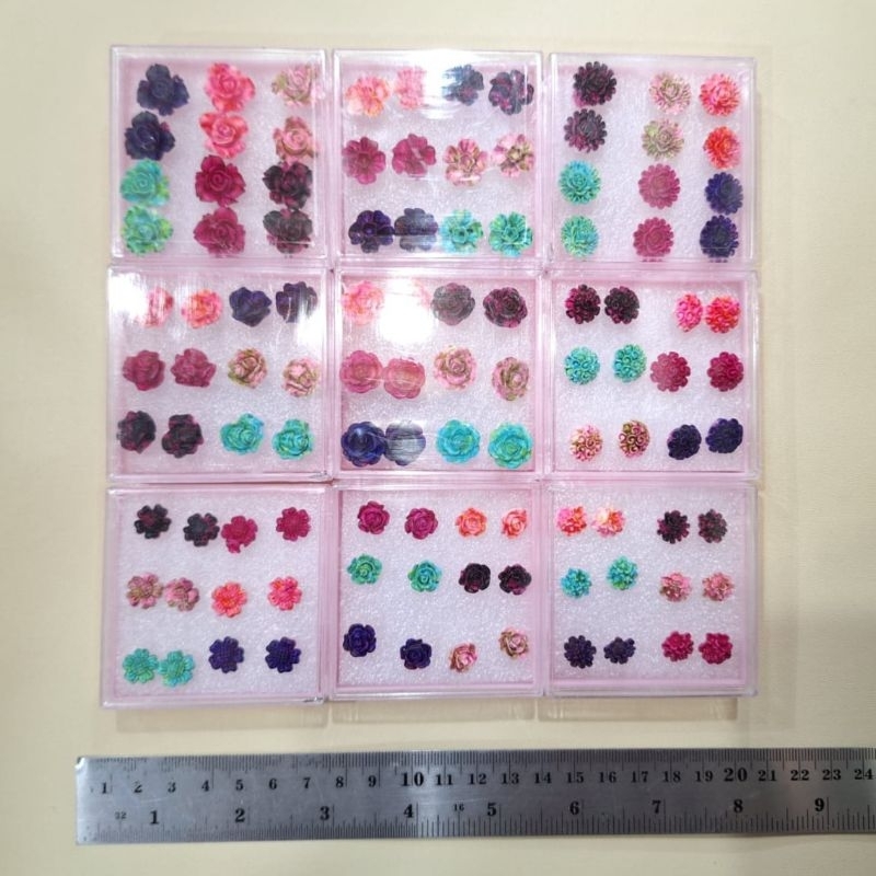 exclusive anting mawar / bunga tusuk plastik box isi 6pasang kulakan jny grosir