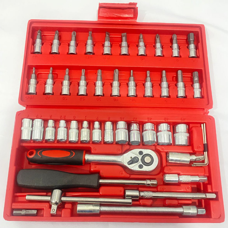 REAL PICT ALAT SOCKETTOOLS 46 PCS / Kunci Socket 46 Pcs 1/4" + Obeng shock Tool Kit Set Pas Ring L M