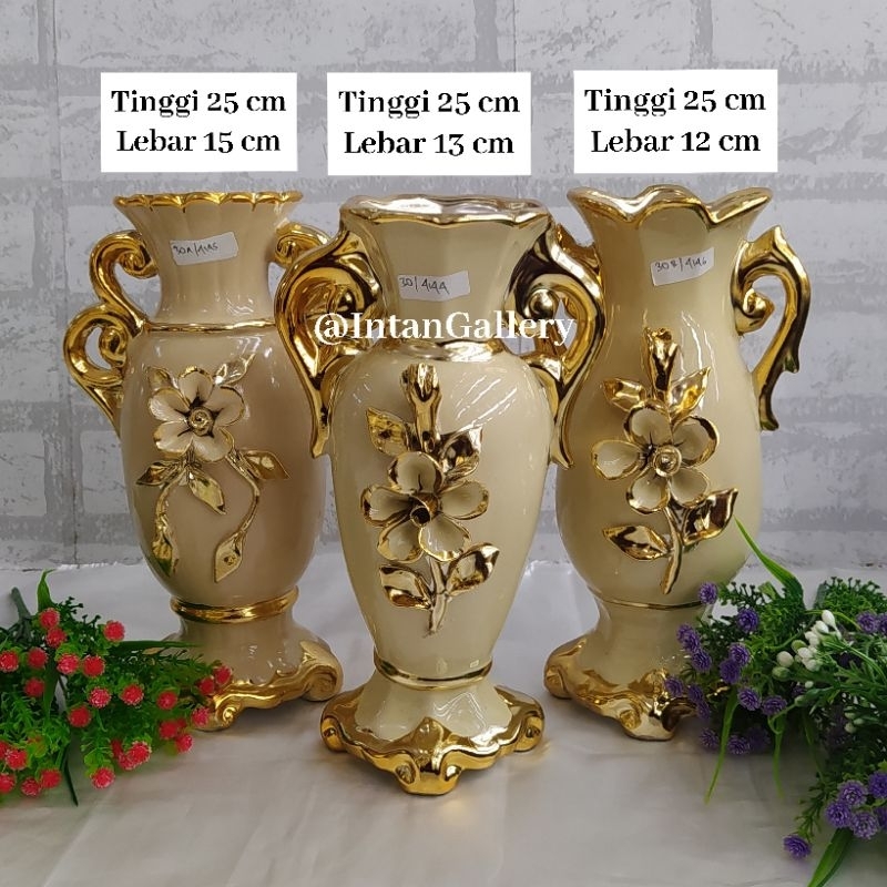 Vas Keramik Warna Gold Mas Set 3 Pcs  - GRATIS Extra Bubble Plastik dan Packing Kardus - Pajangan Me