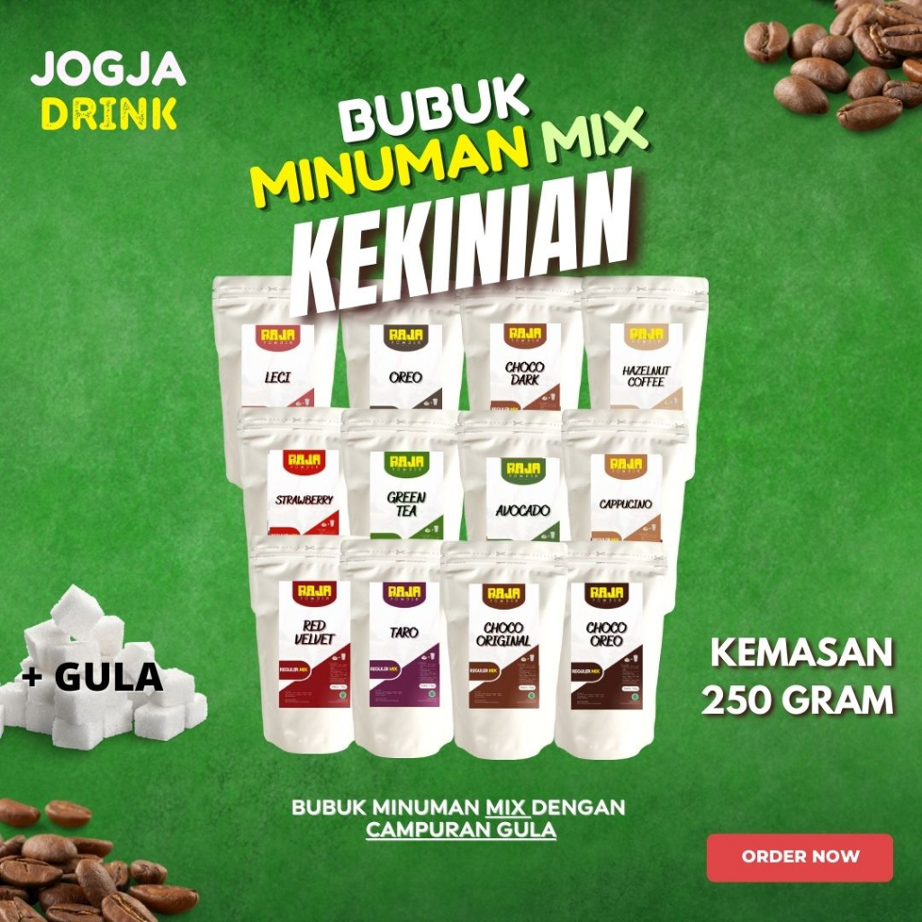 

Bubuk Minuman Rasa Teh (Tea) / Kopi (Coffee) / Coklat (Choco) Powder Kemasan 250 gram Reguler Premix Campuran Gula