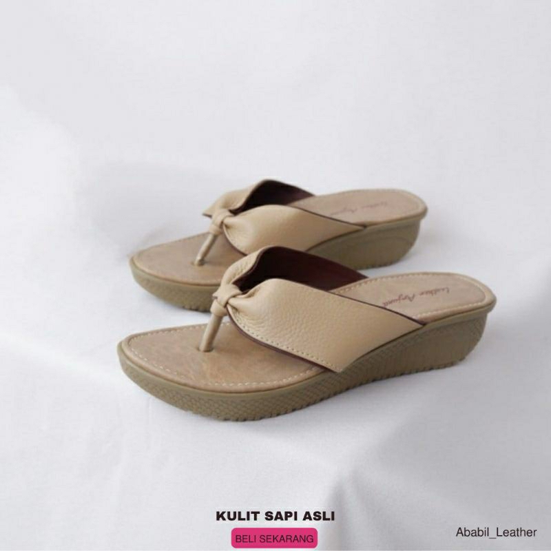 Sandal Jepit Kulit Wanita Empuk Wedges Tinggi 3 cm Oswe