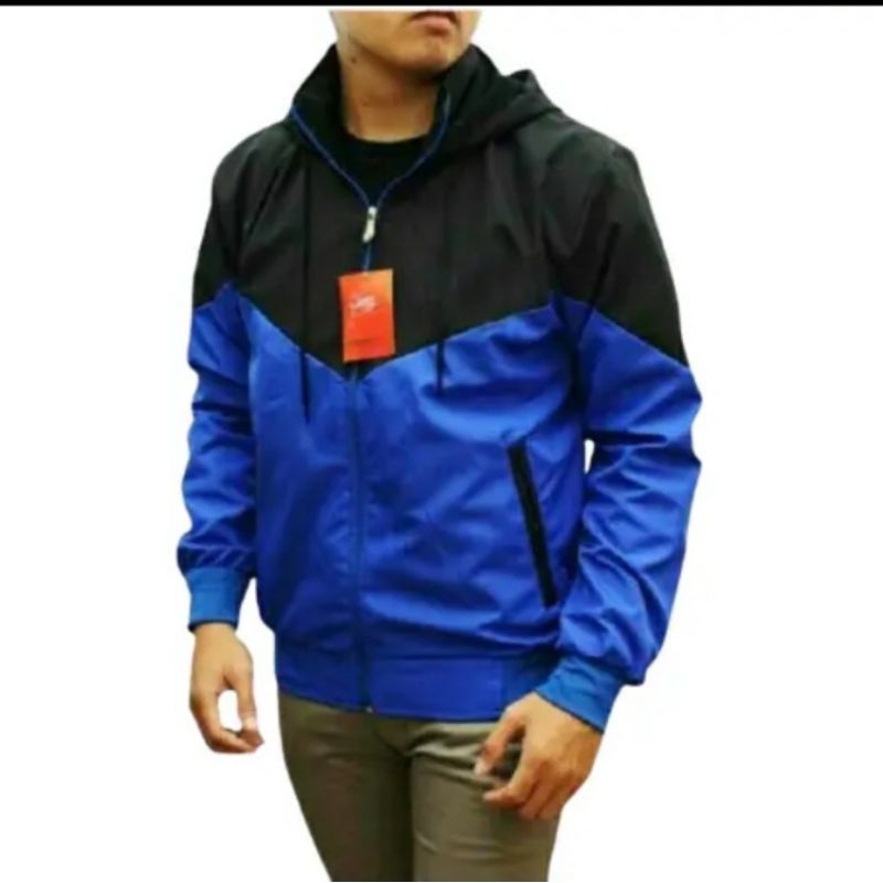 JAKET Casual Parasut Olahraga /Jaket Parasut Kombinasi Biru-Hitam