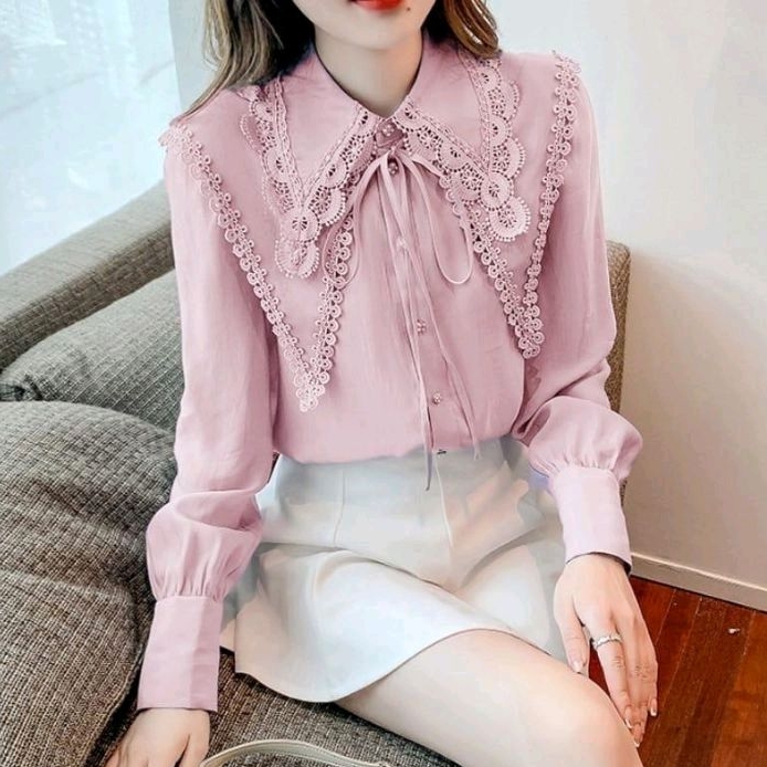 2678 Baju atasan kemeja DAVINA LACE COLLAR TOP lengan panjang Korea Korean look wanita premium impor