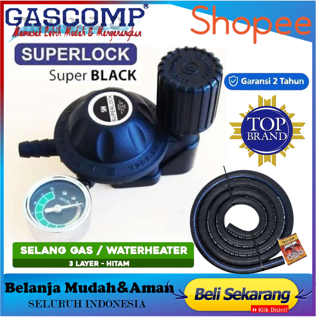Regulator Gas LPG Gascom GRS-02+Selang Hitam 2 Meter+2 Klaim Kuping Regulator Gas LPG Tekanan Rendah