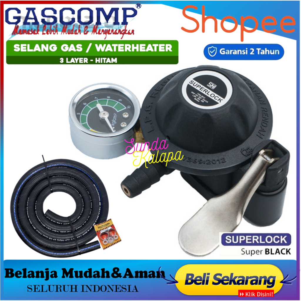 Regulator Gas LPG Gascom GRS-01+Selang Gas Hitam 2 Meter+2 Klem Kuping Regulator Gas LPG Tekanan Ren
