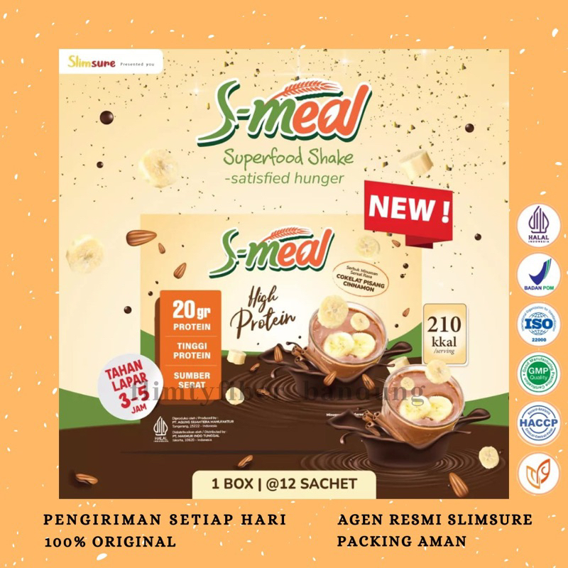 

S Meal Chocolate Banana Cinnamon Slimsure Super Food Shake High Protein Meal Replacement Tinggi Serat Minuman Tinggi Protein Healthy Satisty Hungger Mengenyangkan Penngganti Makan Sereal Pisang Coklat Cokelat Meal Diet Detox Halal BPOM Bandung Agen Resmi