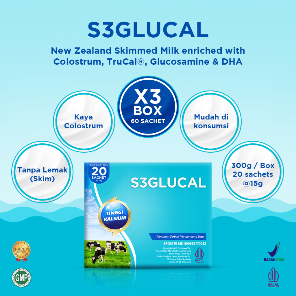 

S3GLUCAL 3 BOX – New Zealand Skimmed Milk enriched with Colostrum, TruCal®, Glucosamine & DHA