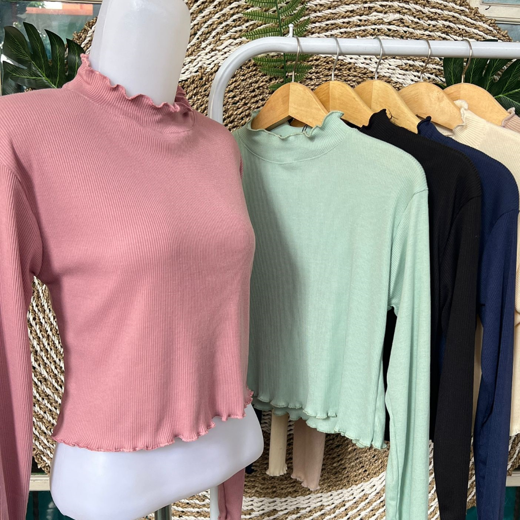 Crop top wanita lengan panjang Crop top rajut Crop lengan panjang