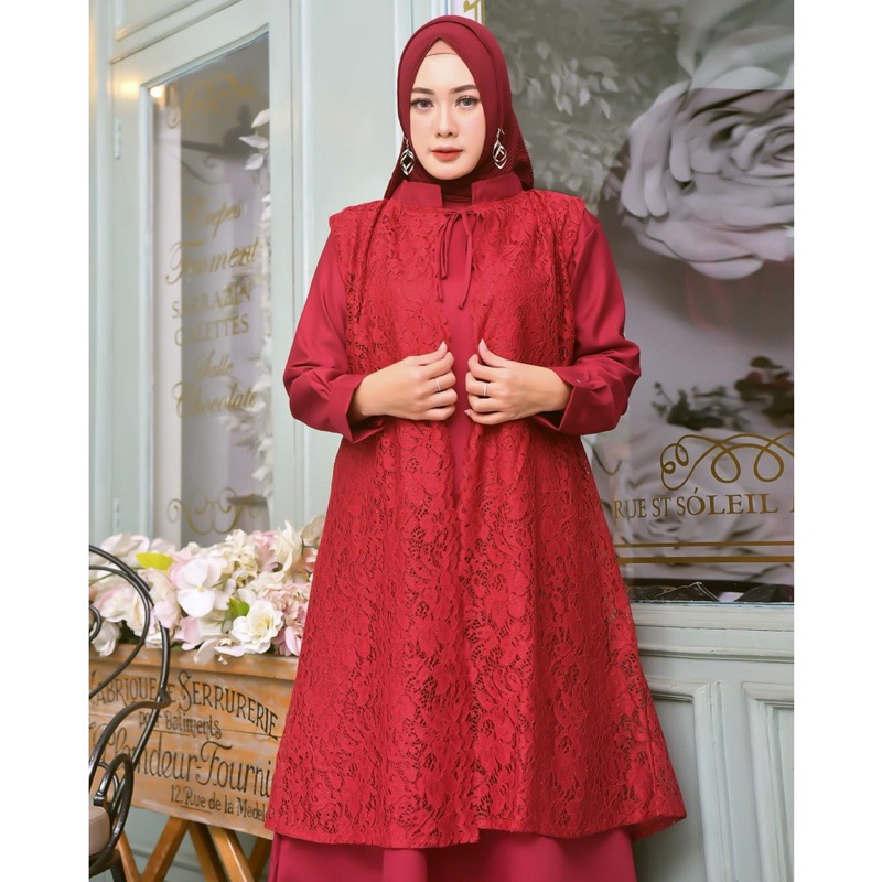 Gamis Set Inner dan Outer 2 in 1 Brukat Mix Moscrape Gamis Premium / Gamis Pesta / Gamis Kondangan T