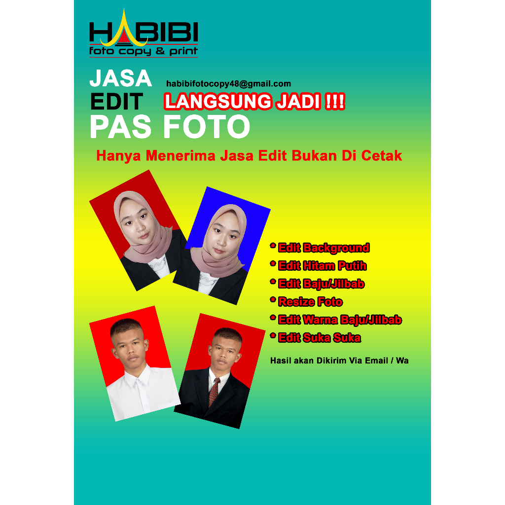 

Jasa Edit Pas Foto / Edit Ganti Background / Edit Ganti Jas/Baju / Resize Foto / Edit Hitam Putih
