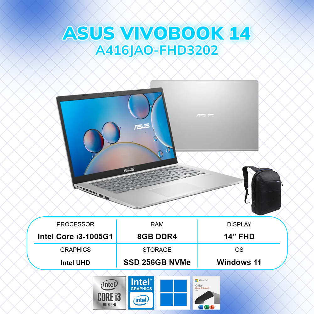 Asus VivoBook 14 A416JAO-FHD3202 Intel Core i3-1005G1/ RAM 8GB/ 256GB SSD / 14″ FHD/ Win 11 Home+OHS