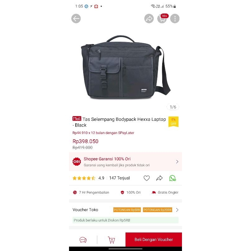 Tas Bodypack Hexxa Laptop