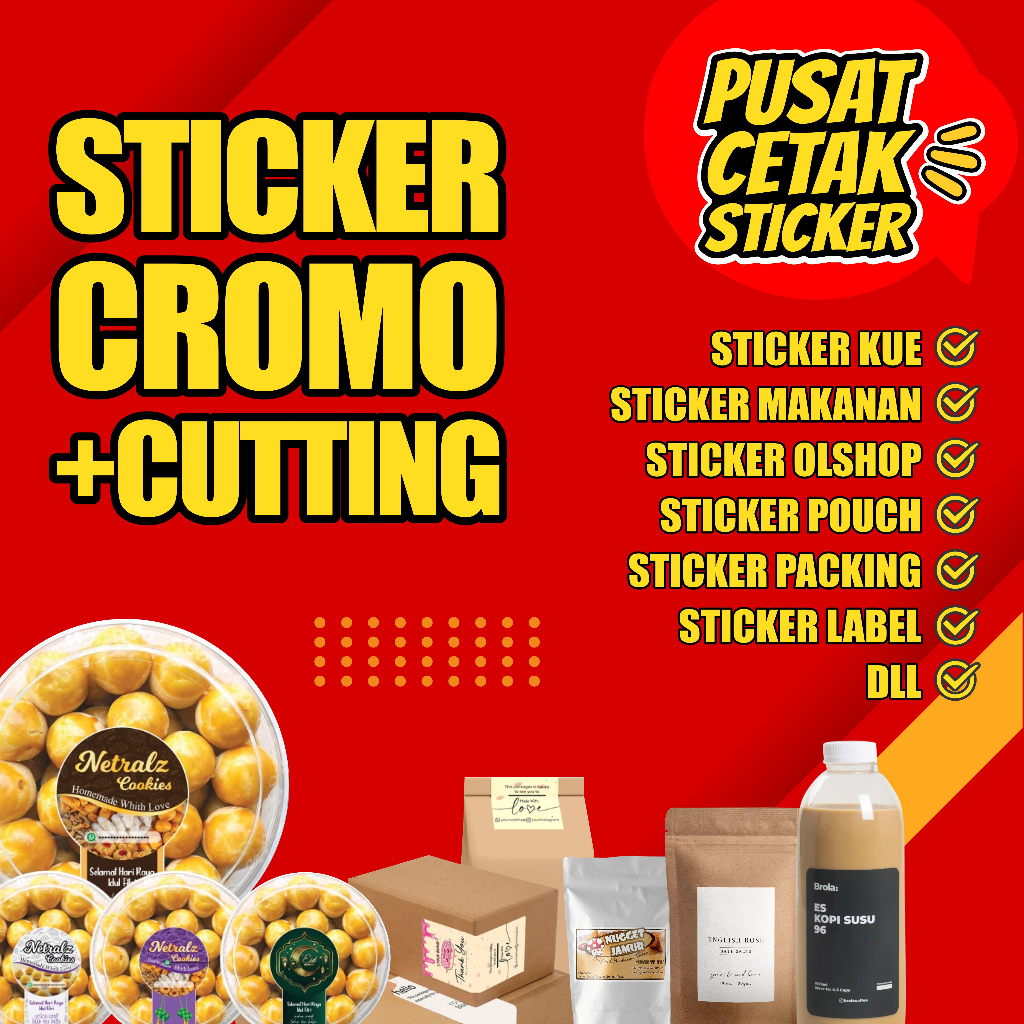 

Cetak Stiker Custom Logo Kemasan Makanan Minuman, Stiker Kue Kering, Stiker Cromo Cutting Kiss Cut