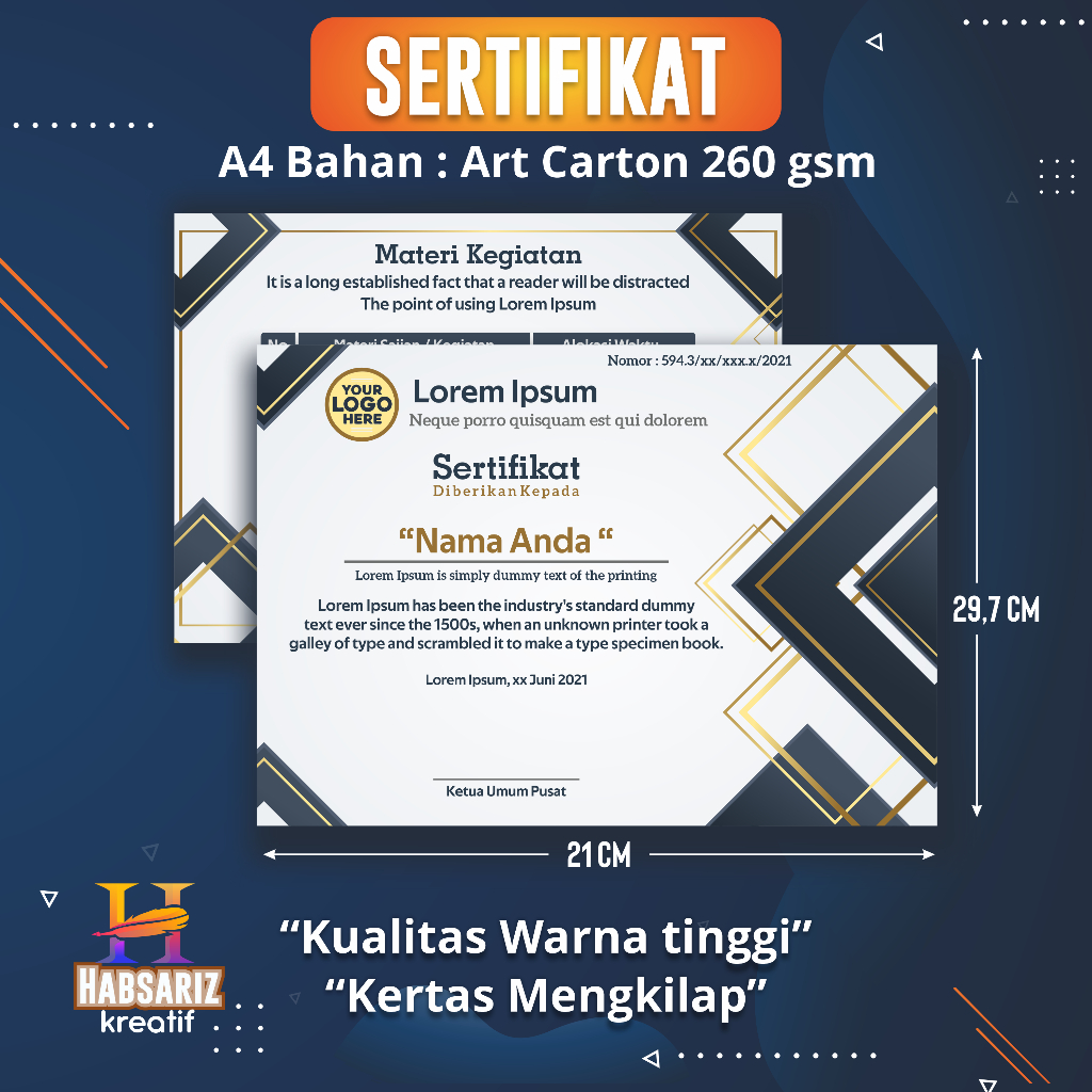 CETAK SERTIFIKAT/PIAGAM BERKUALITAS UKURAN A4 & A5 (CUSTOM DESAIN)