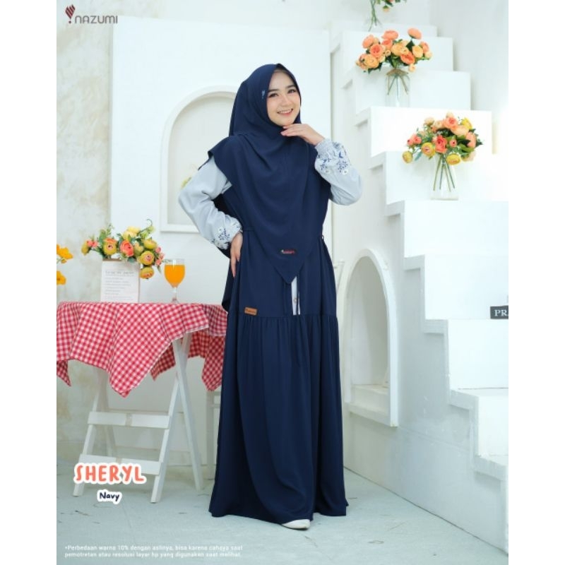 SHERYL BY NAZUMI GAMIS SET KHIMAR WARNA NAVY SOFT LILAC DAN PISTACHIO