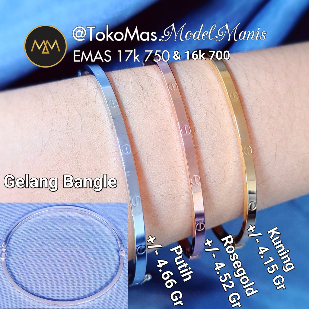 Gelang tipis ringan emas rosegold putih kuning 750/ 700 kadar 17K/16K