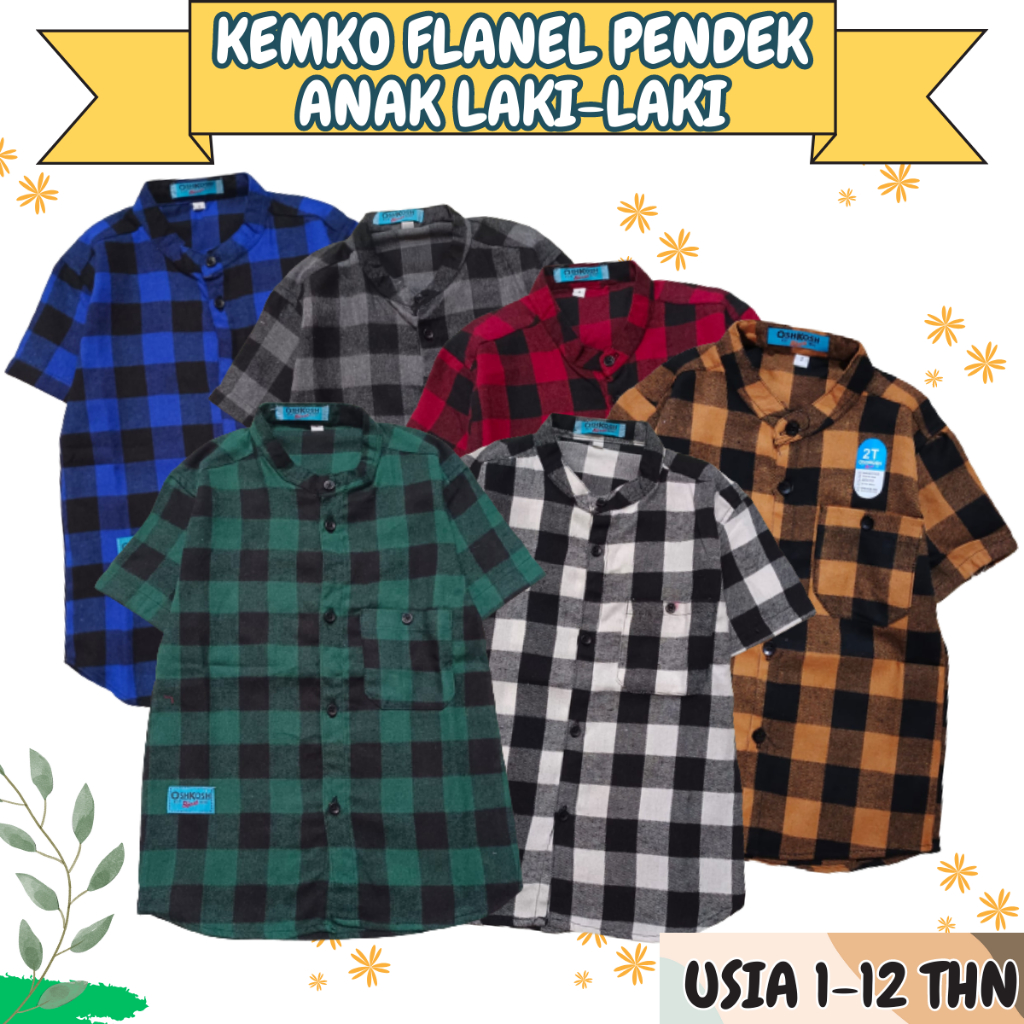 Baju Kemeja Anak Kemko Flanel Pendek Laki Laki Premium Kotak Kotak Usia 1-12 Tahun