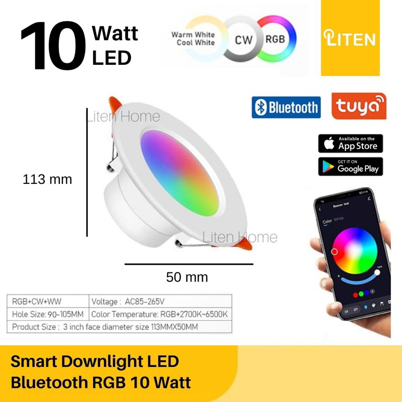 LITEN Lampu Smart LED 10w RGB Downlight Bluetooth Support Wifi 10 watt