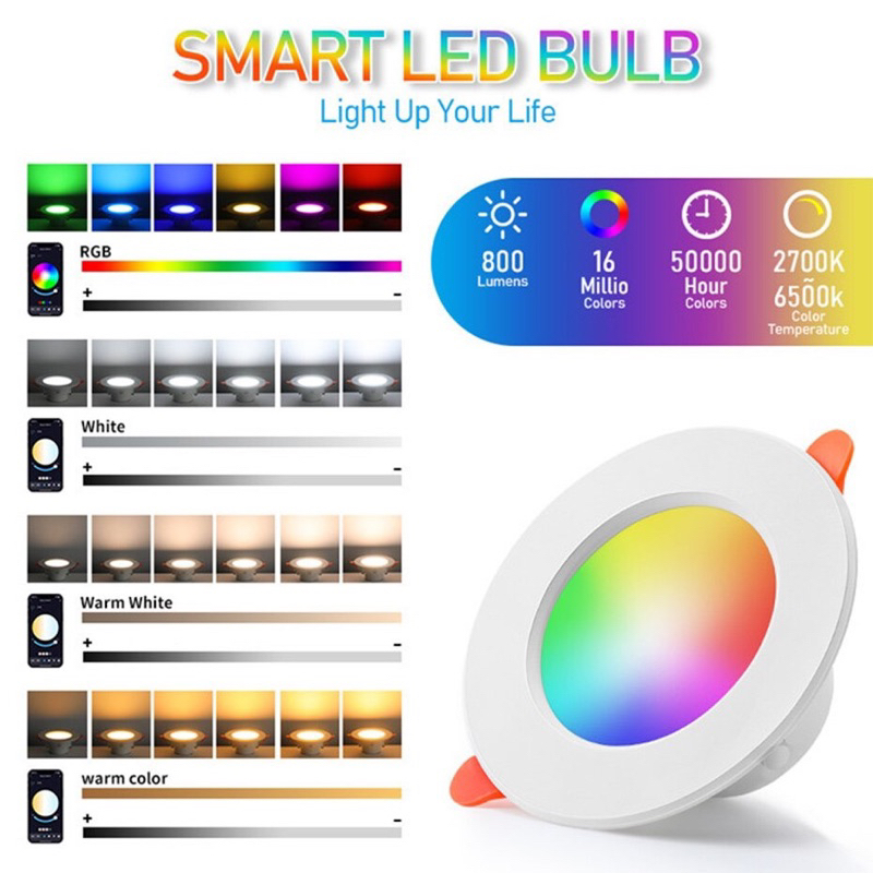 LITEN Lampu Smart LED 10w RGB Downlight Bluetooth Support Wifi 10 watt