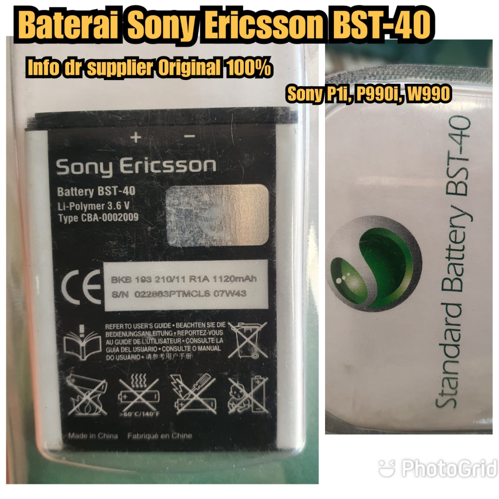 BST-40 Original baterai Sony Ericsson W990 Baterai BST40 Original Sony Ericsson P1i P990i W990 Bagus